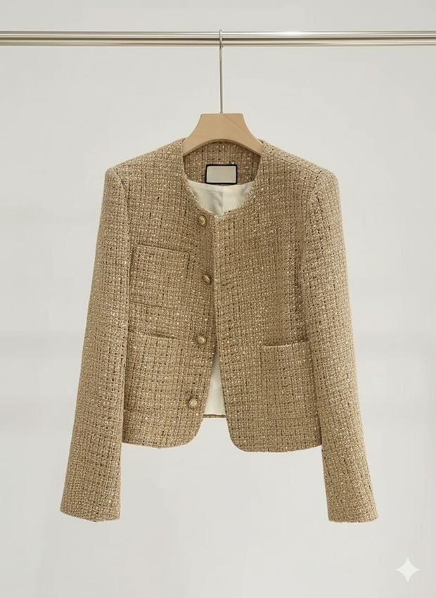 VYRO Elegant Tweed Cropped Jacket in champagne color, featuring gold buttons and a classic round neckline, displayed on a hanger against a minimalist background.