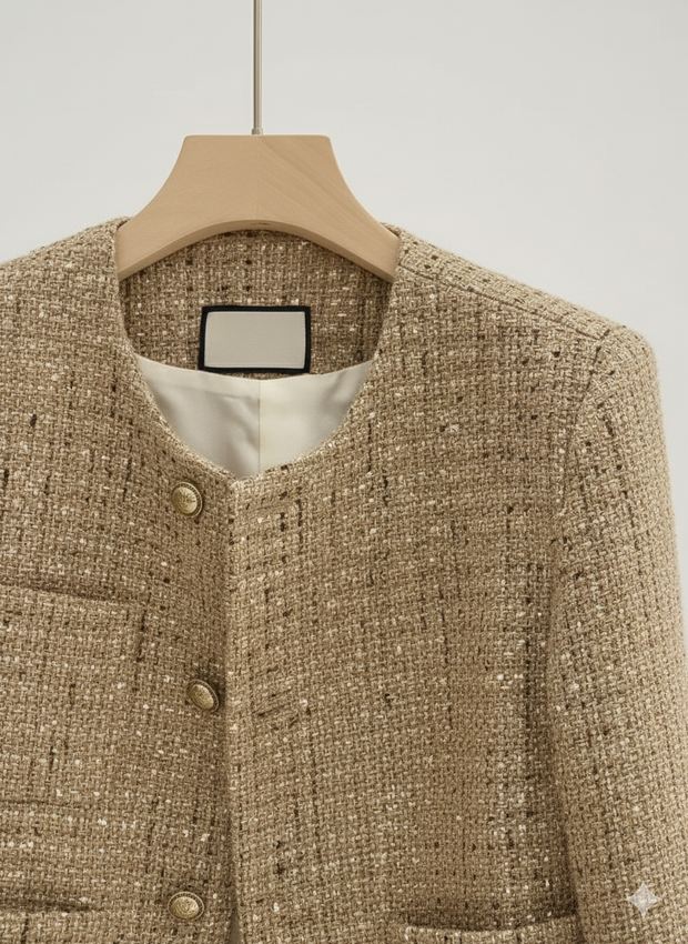 Close-up of the luxurious tweed fabric and ornate gold button detail on the VYRO Elegant Tweed Cropped Jacket.