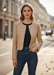 Full view of the VYRO Elegant Tweed Cropped Jacket, highlighting its chic cut and high-quality construction, ready for elegant styling.