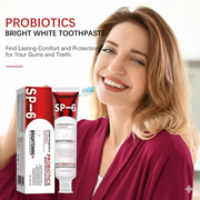 SP-6 Probiotic Bright White Toothpaste tube next to a dramatic before and after image showing yellow teeth becoming visibly white. Best oral care for fresh breath.