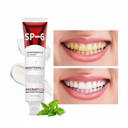 SP-6 Probiotic Bright White Toothpaste tube next to a dramatic before and after image showing yellow teeth becoming visibly white. Best oral care for fresh breath.