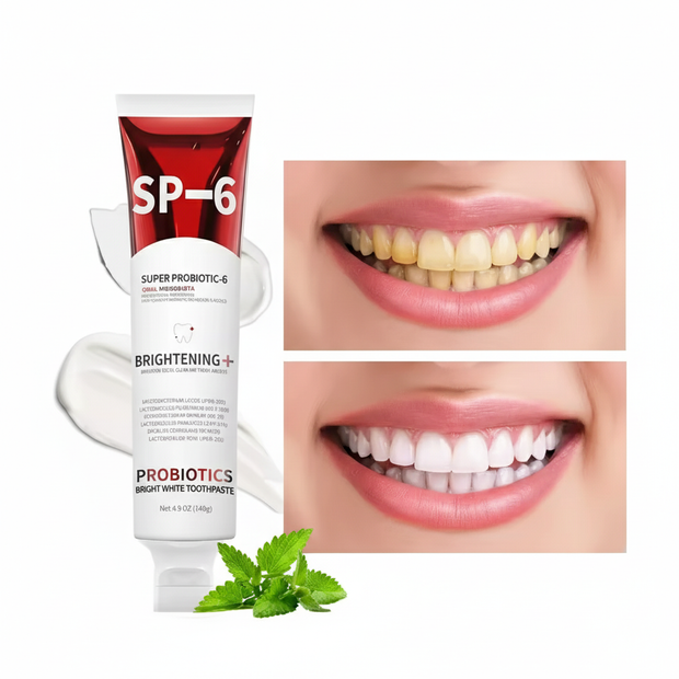 SP-6 Probiotic Bright White Toothpaste tube next to a dramatic before and after image showing yellow teeth becoming visibly white. Best oral care for fresh breath.